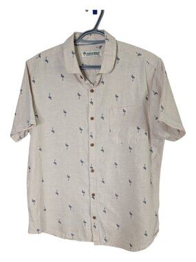 Coconut Connection Flamingo Print Linen Blend Beige Short Button Down Size Large